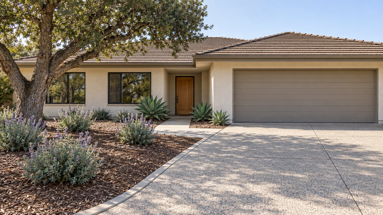Low single-story stucco home with broad tiled roof, spacious concrete driveway, mature oak and drought-tolerant front planting.