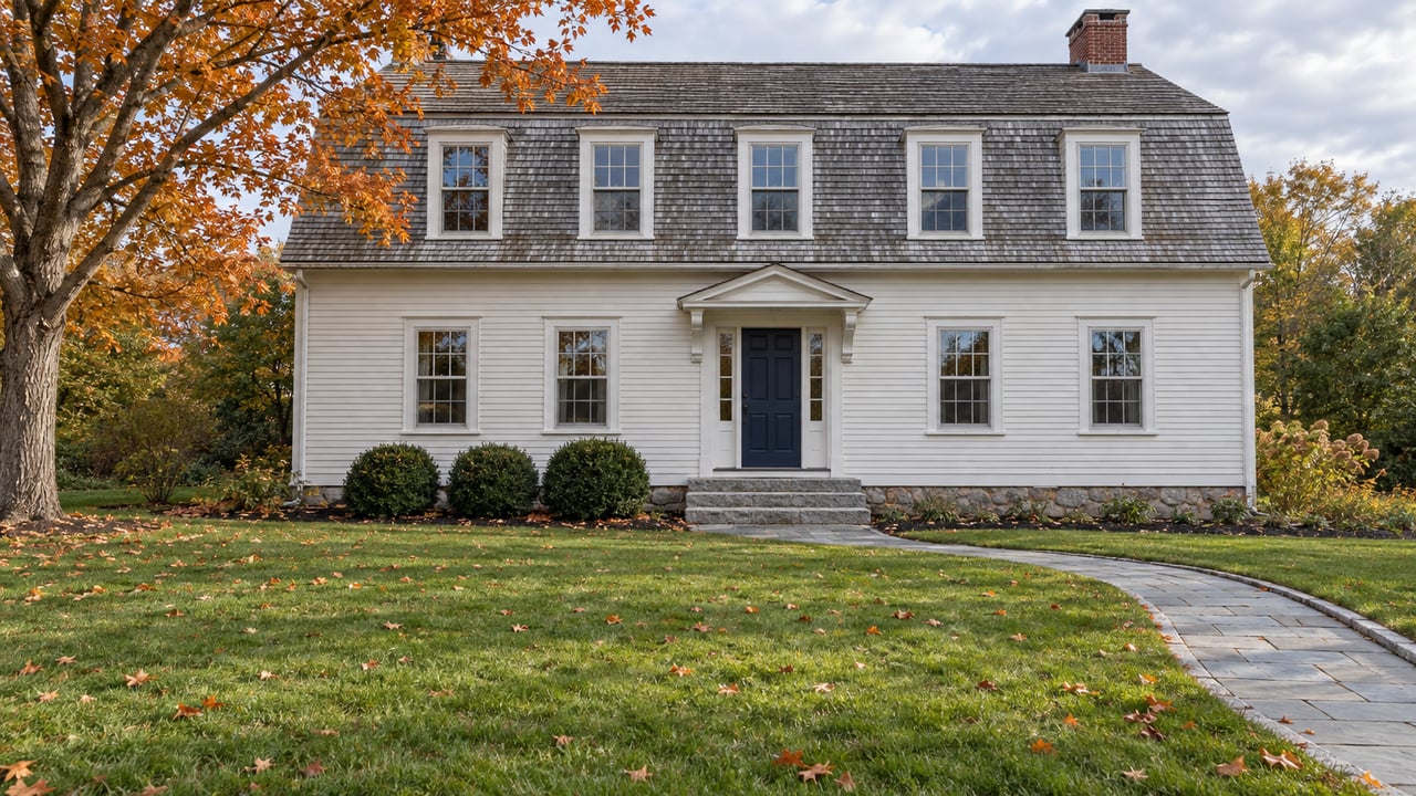 Ivory clapboard gambrel home with granite steps and a navy front door beyond a deep autumn lawn and a copper-leaved sugar maple.