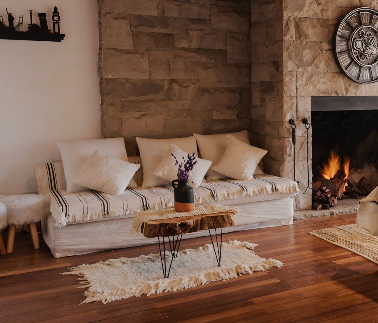 Hotel sitting area with a cream sofa beside a rustic stone fireplace and wood floors.