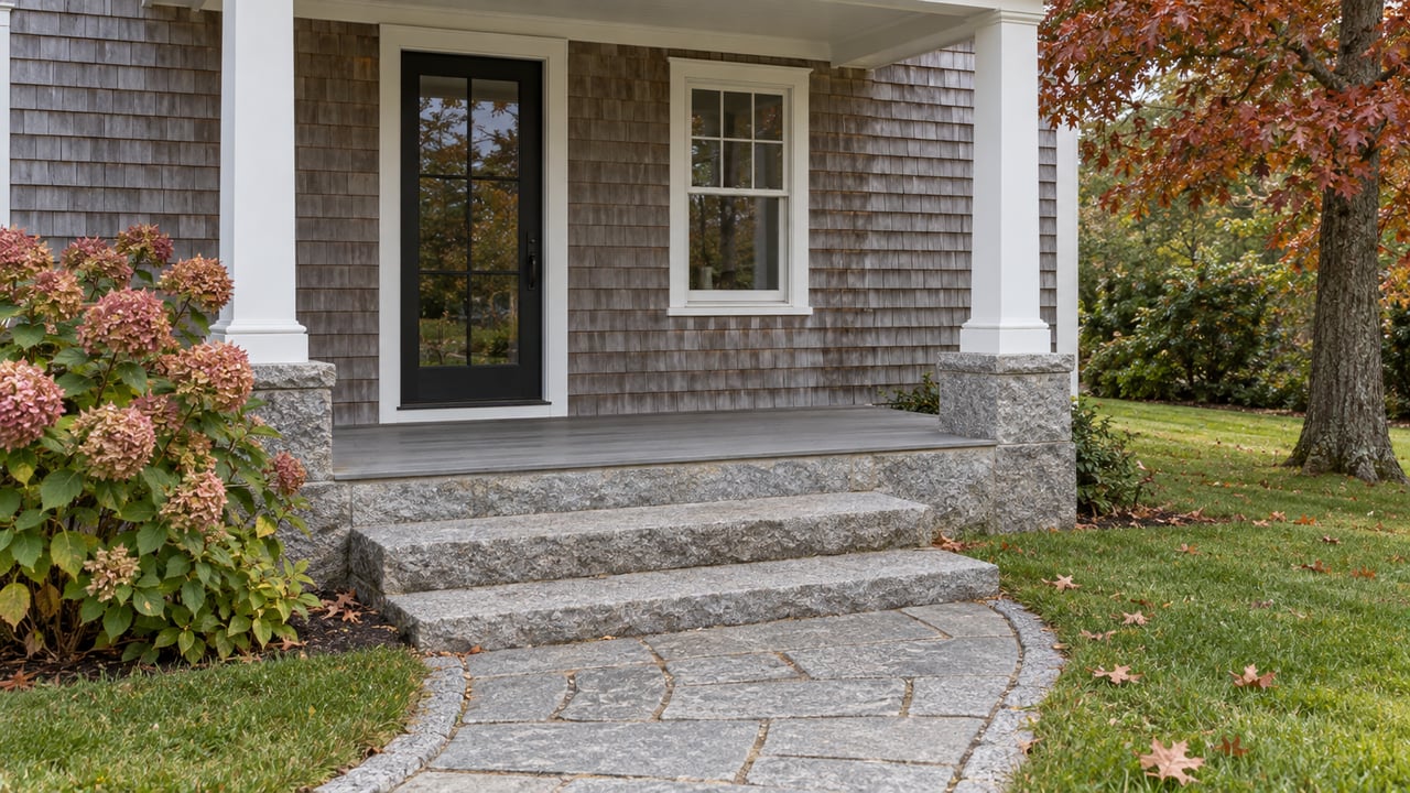 Weathered cedar-shingle home with a covered entry, granite steps, drying pink hydrangea flowers and autumn oak foliage.