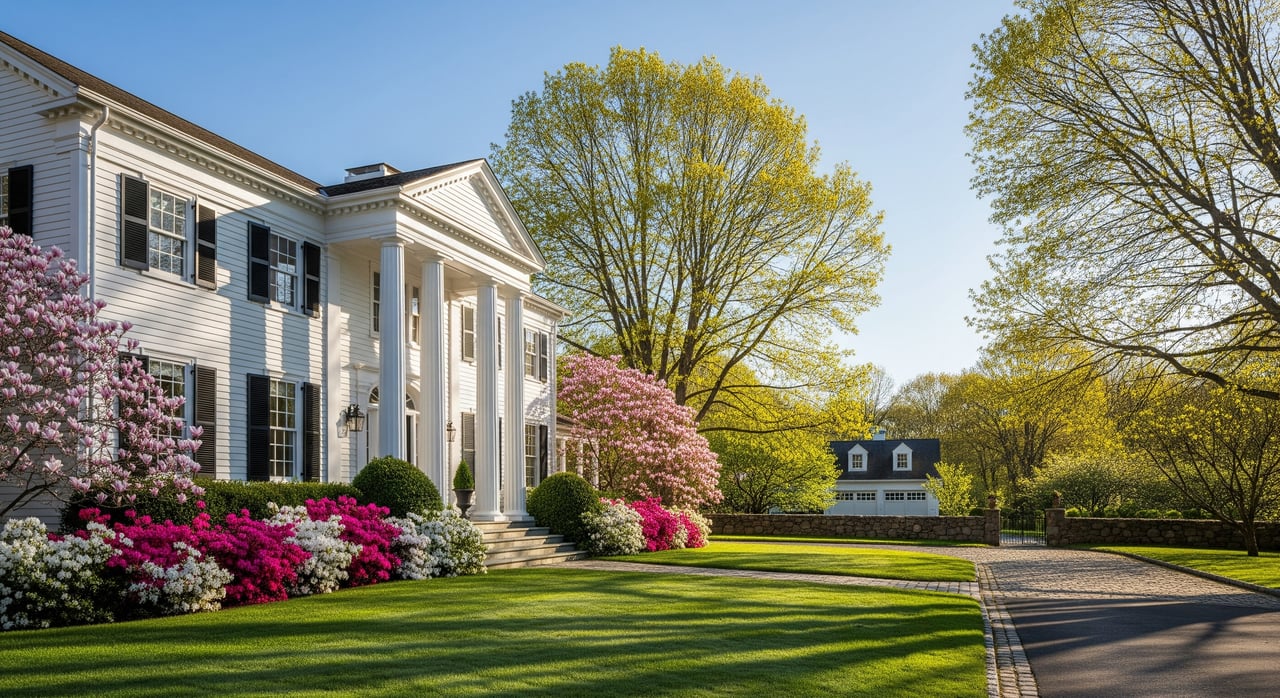 White colonial-style house with tall columns, blooming azaleas, and a tree-lined driveway.