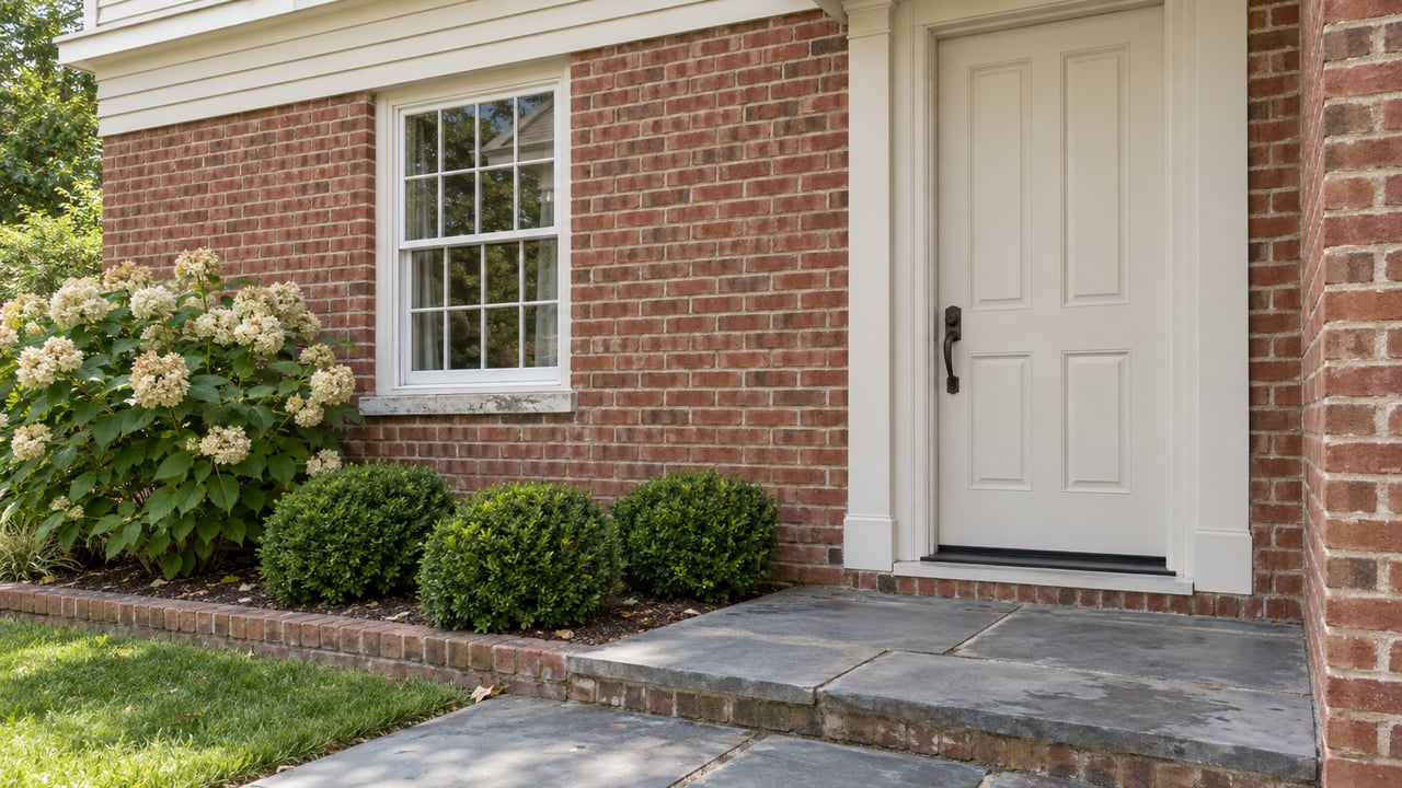 Brick house entry with a paneled door, sash window, hydrangea, clipped boxwoods, and bluestone steps.