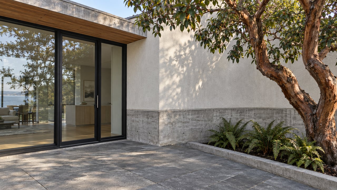 House corner with black-framed glass doors, concrete base, bluestone paving, and a mature tree in a recessed bed.