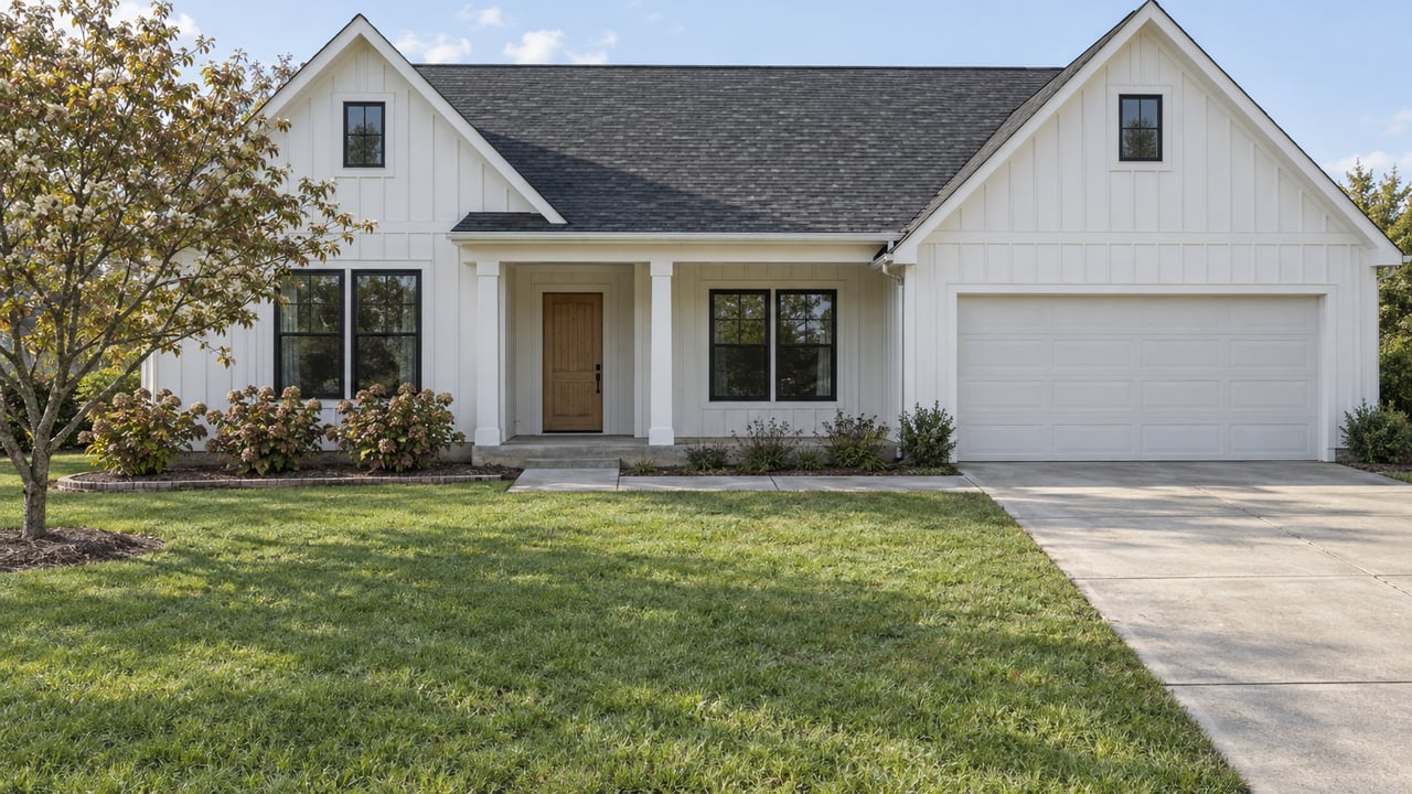 White board-and-batten home with steep charcoal gables, black-framed windows, a recessed oak entry, broad lawn and concrete driveway.