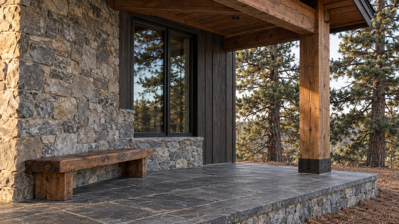A sheltered stone-and-timber porch with slate paving, a wooden bench and black-framed glazing beside two pine trees.