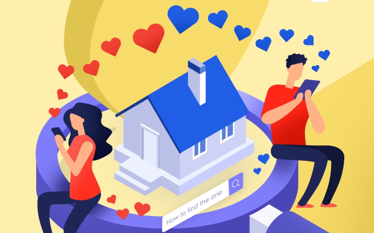 Illustration of two people searching on phones beside a house, surrounded by hearts.