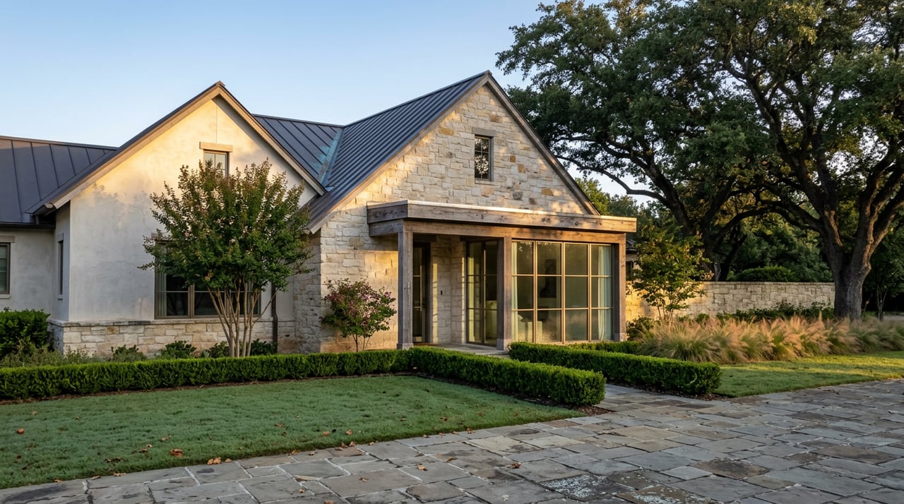 Limestone-and-stucco estate home with a steep dark metal gable, broad oak canopy, and flagstone drive.