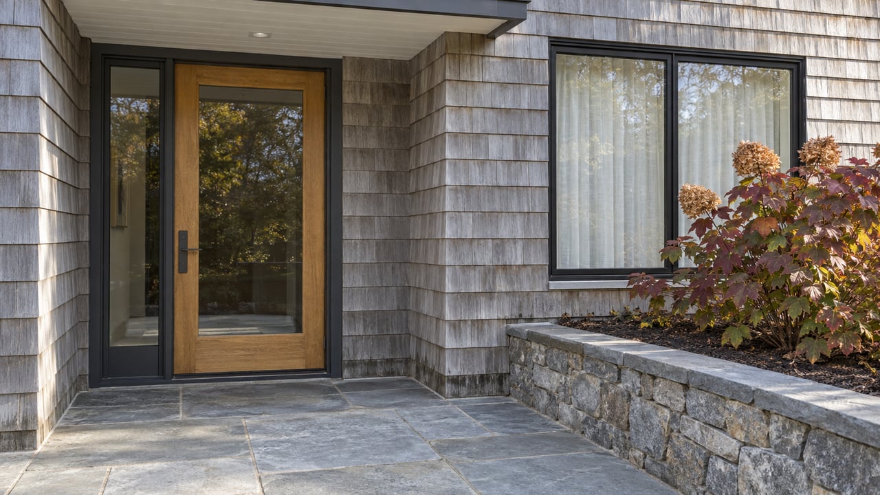 A recessed oak-and-glass condominium entrance beside silver-gray shingles, a black-framed window and a stone-bordered hydrangea bed.