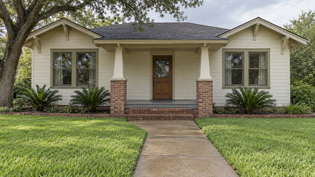An ivory bungalow with olive window frames and a brick-supported porch beyond a damp concrete walk and green lawn.