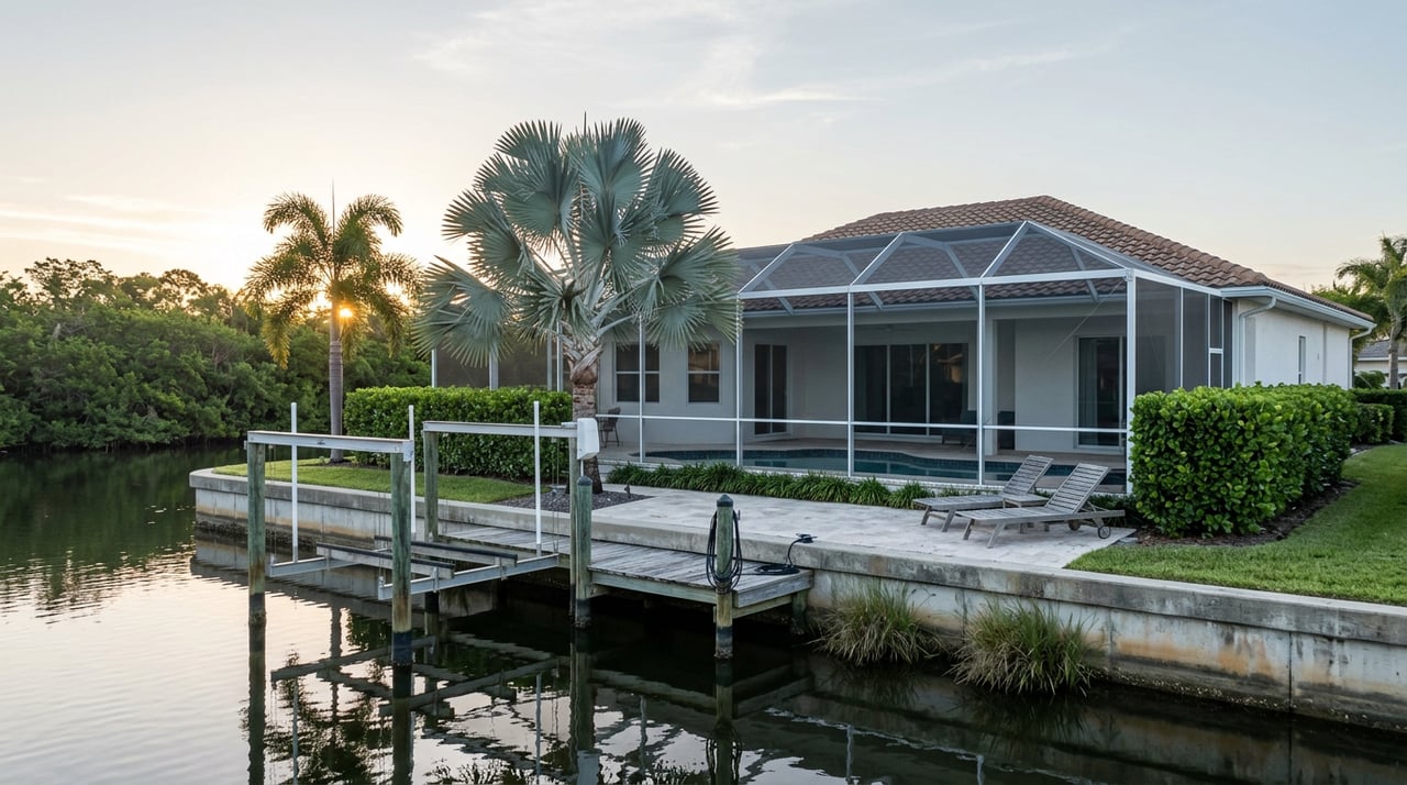 Canal-front home with screened pool lanai, palm, teak loungers, and weathered dock beside calm water.