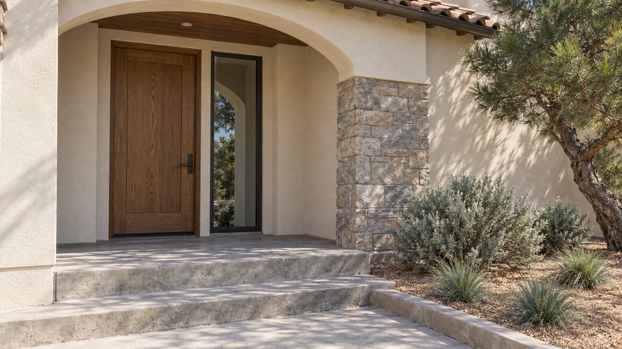 Sunlit cream stucco home entry with an oak door, stone pier, clay roof tiles, and pine, sagebrush, and bunchgrass planting.