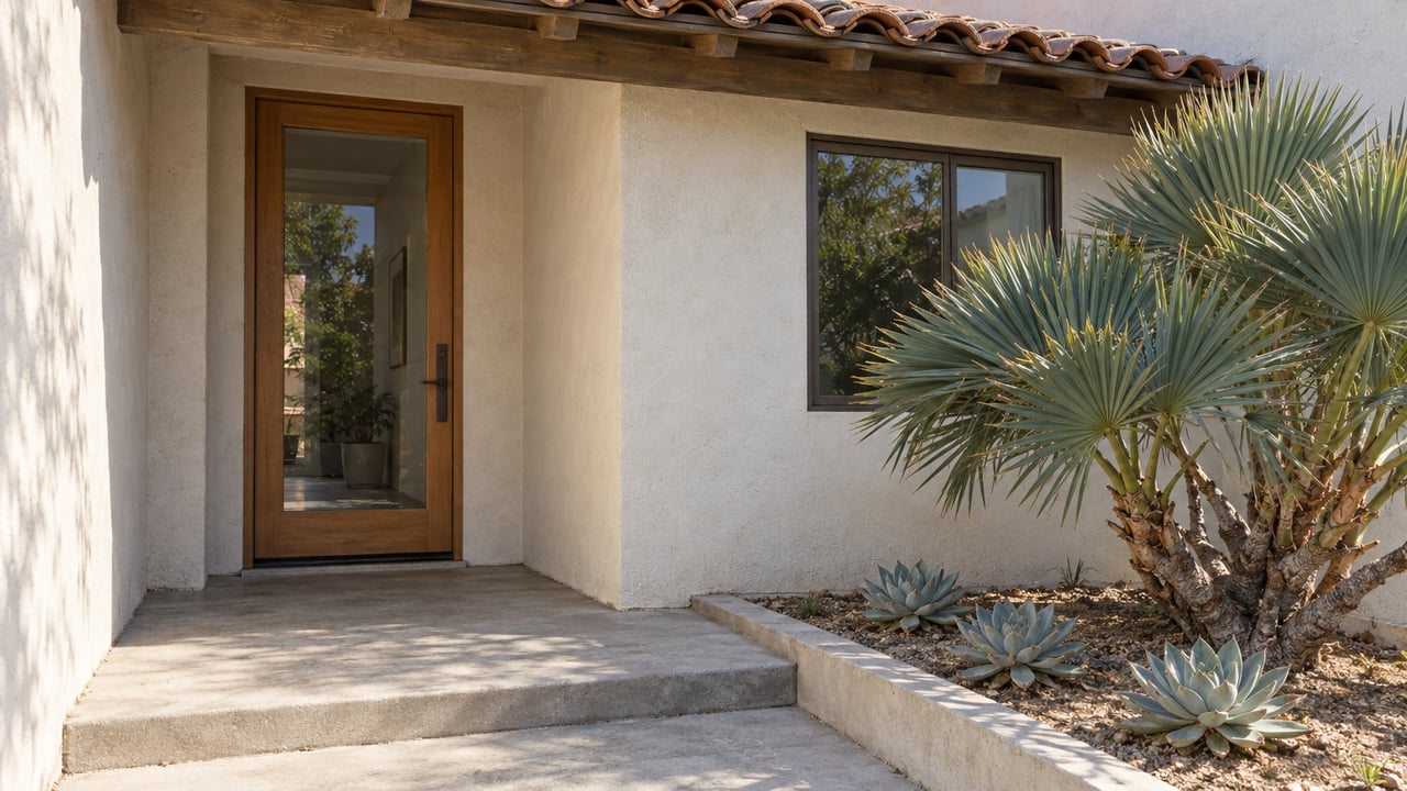 Recessed glazed entry in a textured stucco home beneath weathered terracotta tiles, with a concrete approach and sculptural fan aloe.