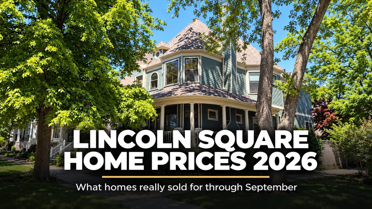Tree shaded home with a wraparound porch in Lincoln Square, Chicago, with text reading “Lincoln Square Home Prices 2026” and “What homes really sold for through September.”