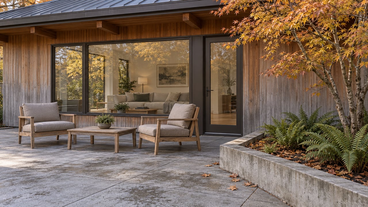 Cedar-clad home opening onto a gray concrete terrace with two teak chairs and a copper-leaved vine maple.