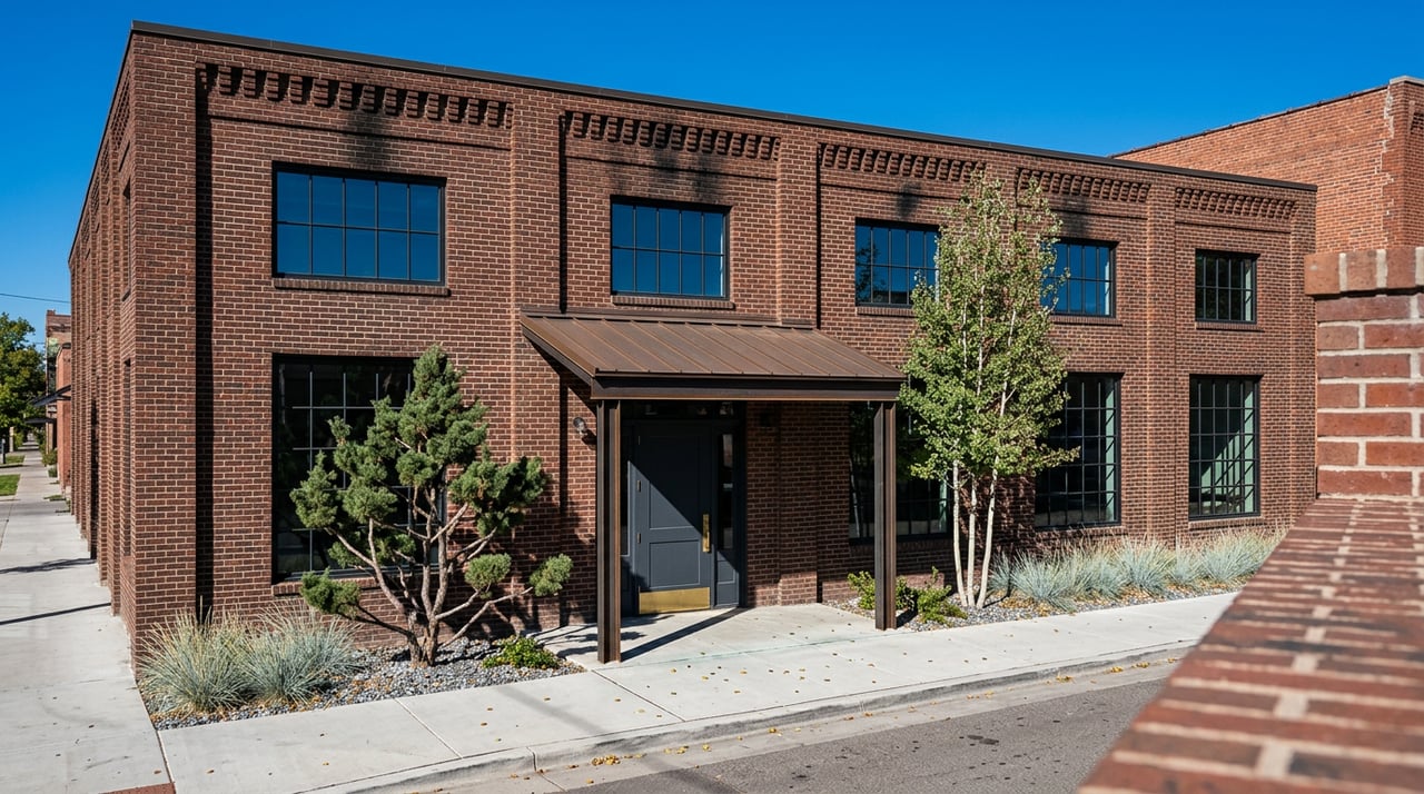 Brick commercial storefront with a bronze canopy, dark steel windows, and sculptural trees in a narrow planting bed.