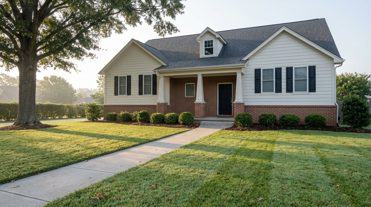 Two-story brick-and-siding home with a covered porch, approached by a concrete walkway across a broad lawn.
