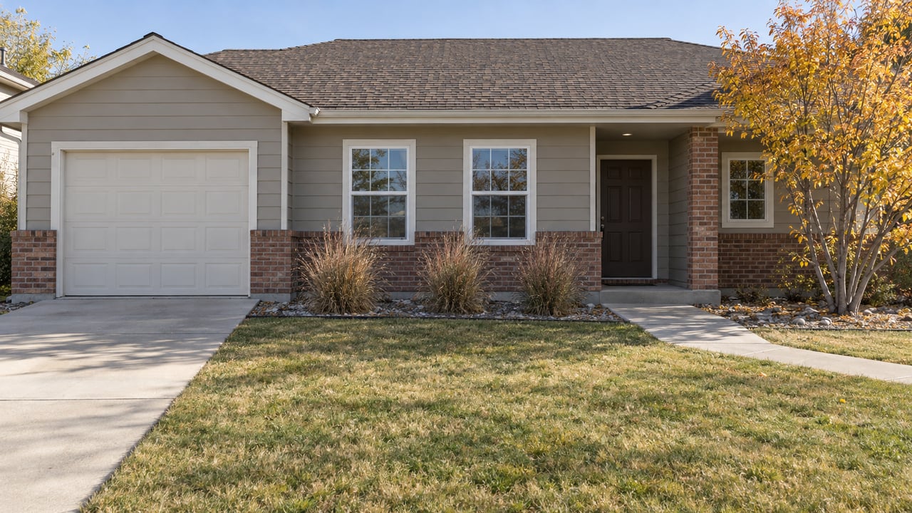 Single-story home with greige siding, brick wainscot and a deep autumn lawn, beside a copper-leaved serviceberry.