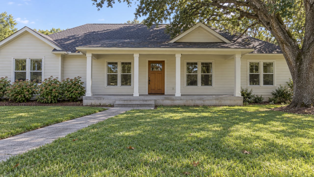 Light lap-sided single-story home with a broad covered porch, deep lawn and mature spreading oak.