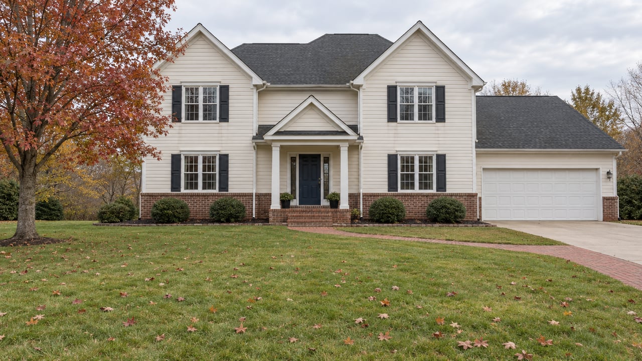 Cream-sided traditional home with brick accents, a deep autumn lawn and a copper-red maple under a softly clouded sky.
