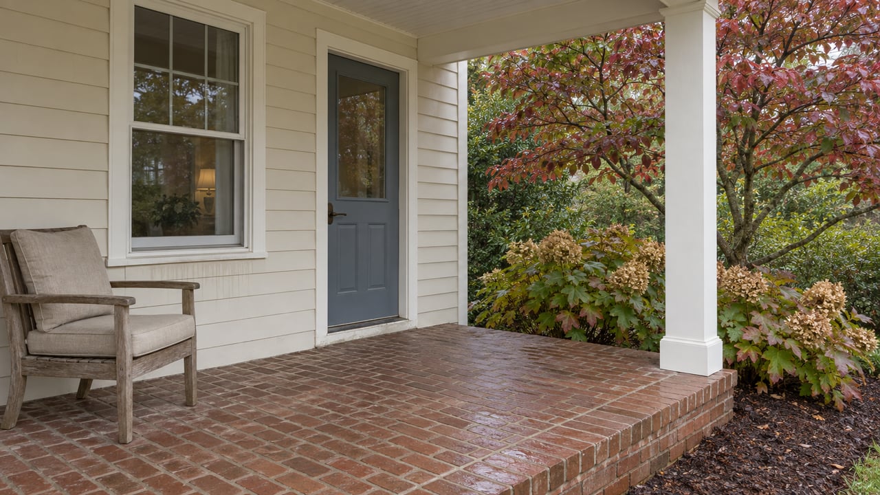 Covered brick porch with an ivory-sided entry, a weathered teak chair and autumn foliage beside the raised garden edge.
