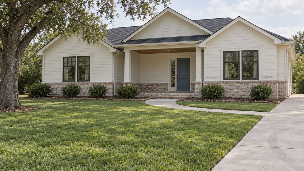 Single-story pale-sided home with three gables, a shaded blue-gray front door, broad lawn and curved concrete walk beneath a spreading live oak.