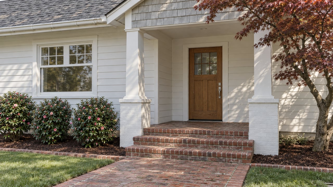 White-sided bungalow entrance with an oak door, paired porch columns, worn brick steps, and a spreading Japanese maple.