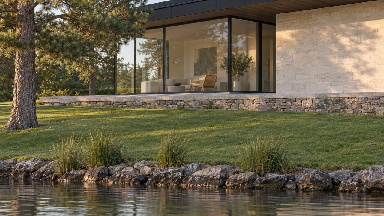 Contemporary lakeside home with glazed corner, limestone wall, sloping lawn, pine, and stone-edged water.
