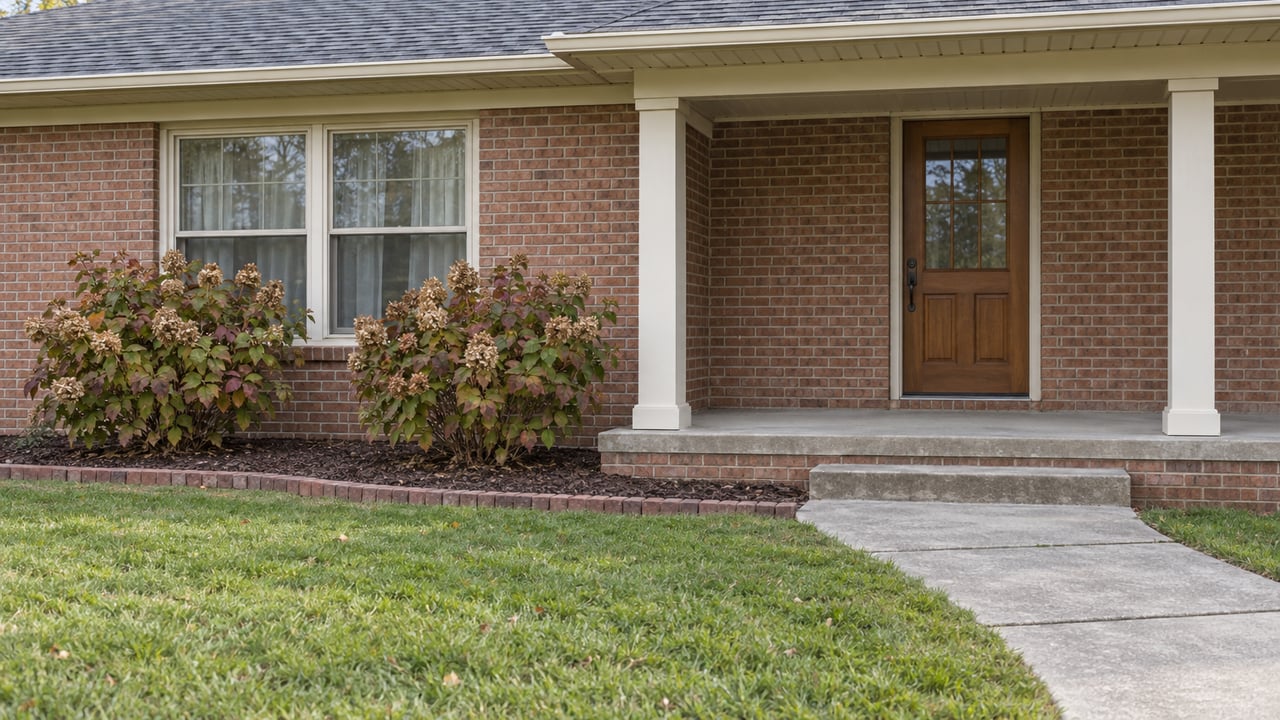Brick ranch with a sheltered wood front door, paired window, concrete approach and oakleaf hydrangeas beside a green lawn.