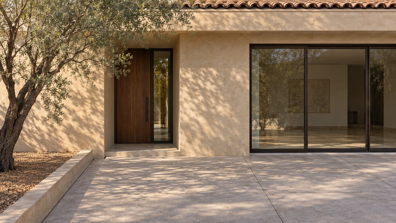 Stucco house facade with a recessed walnut entry, wide glass doors, tiled eave, and desert tree beside the paved court.