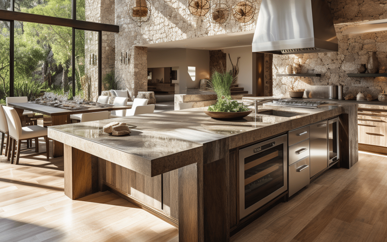 Modern kitchen with a large stone island, dark wood cabinetry, and floor-to-ceiling windows.
