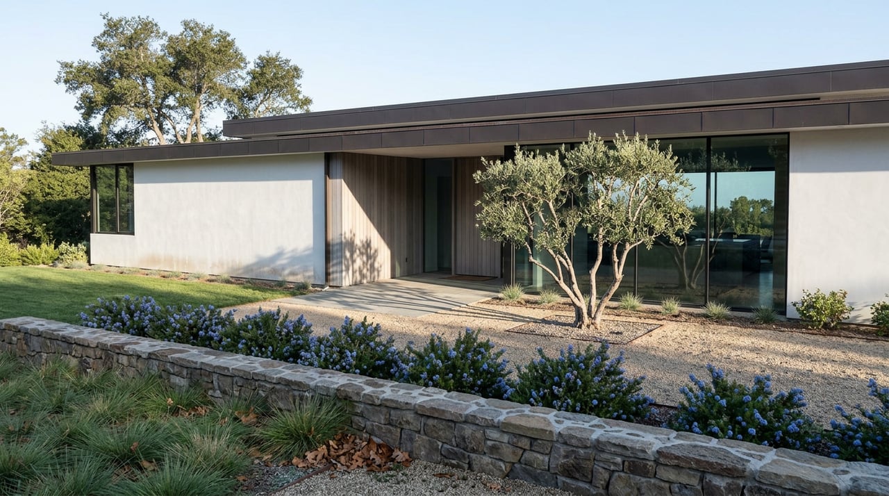 Hillside home with white stucco walls, broad glazing, and a gravel planting bed between the facade and stone retaining wall.