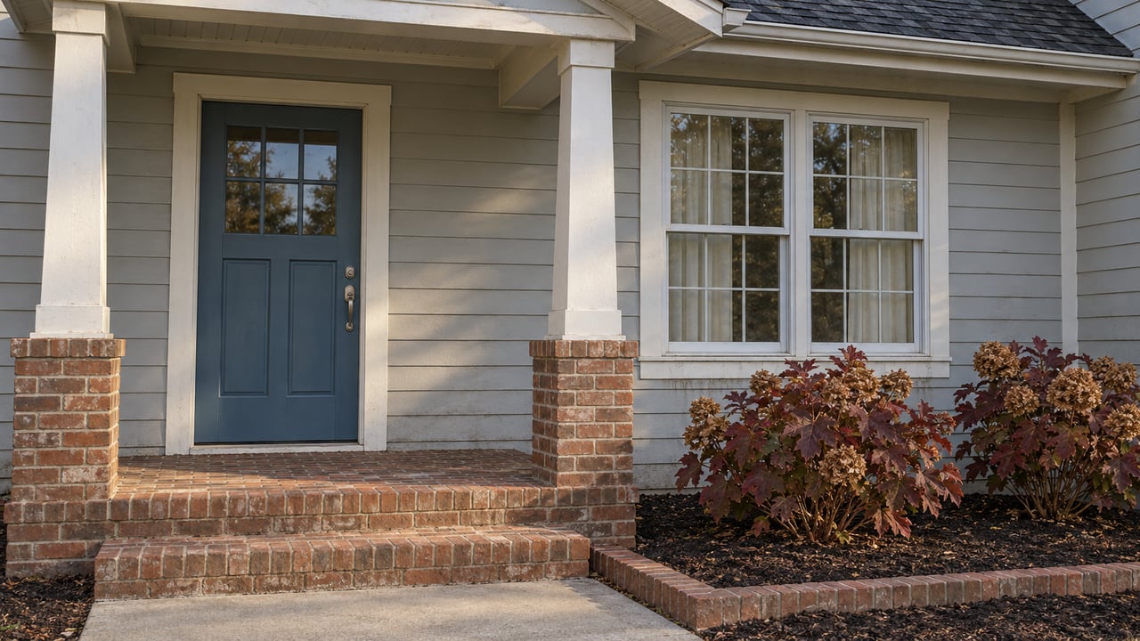 Afternoon light on a pale-sided home's blue front door, brick porch steps and burgundy oakleaf hydrangeas.