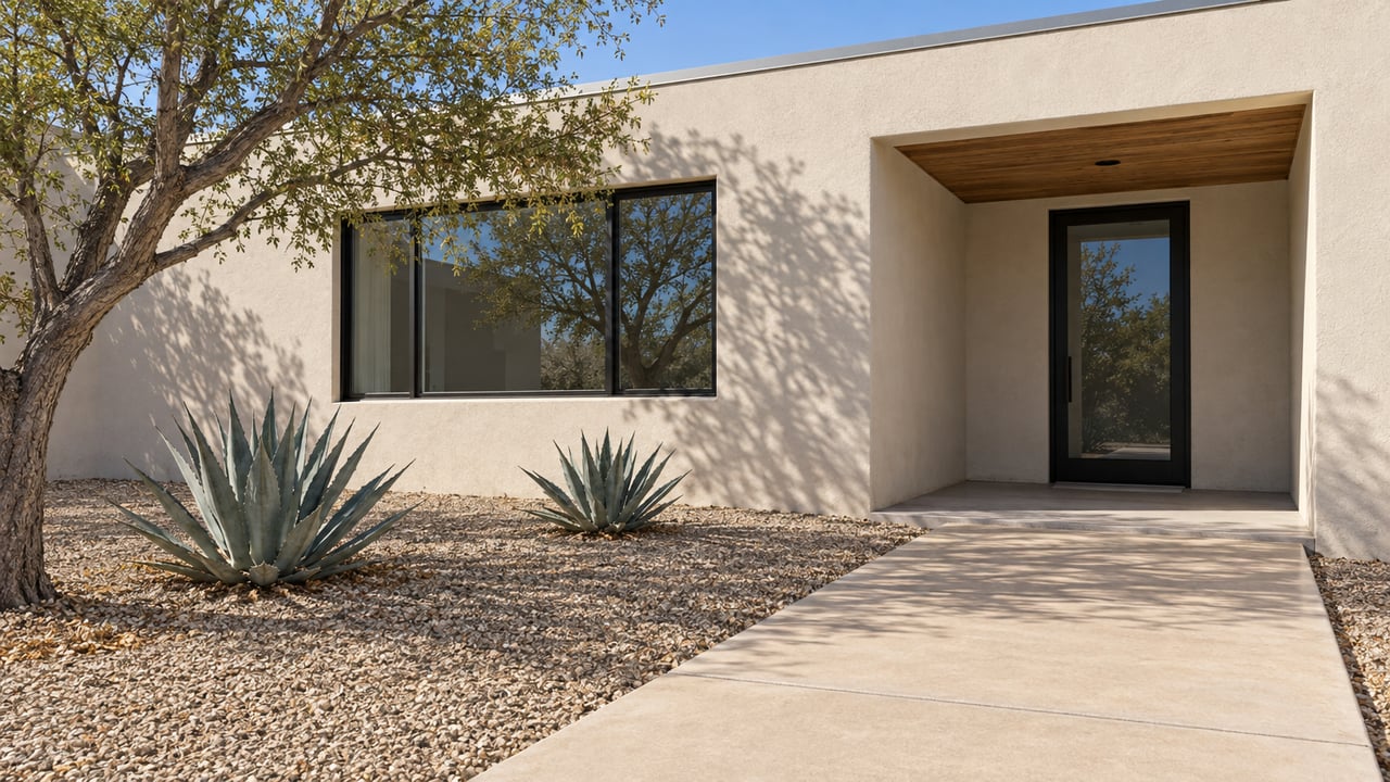 Light stucco home with a recessed wood-soffit entry, black-framed glazing, and a gravel forecourt planted with an ironwood tree and two desert agaves.