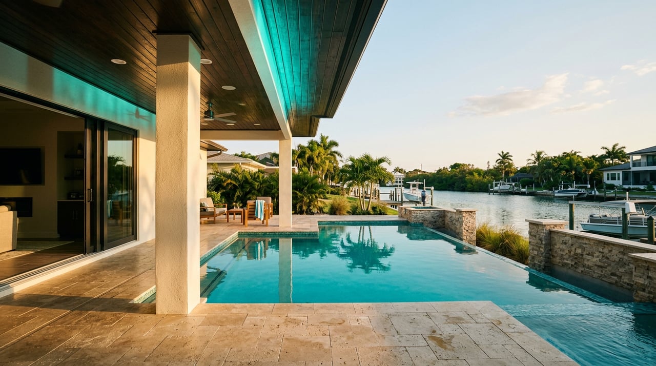 Travertine-paved lanai opens onto a turquoise pool and calm canal beyond a low masonry seawall.