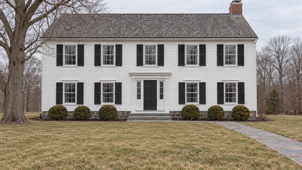 A two-story white clapboard home with paired black shutters, a brick chimney and a bluestone approach beyond a broad winter lawn.