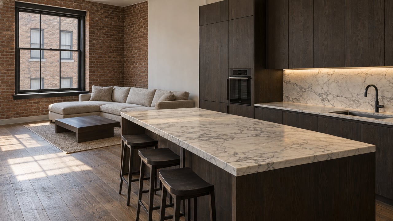 Condominium interior with a honed marble island, dark oak cabinetry, warm brick window wall and an oatmeal sofa.