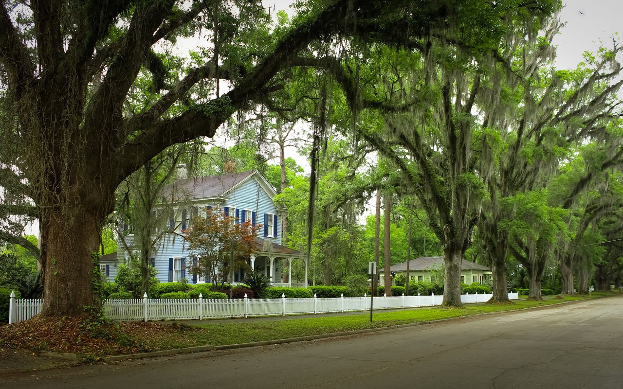 Tree-lined residential street with a blue two-story house, white picket fence, and moss-draped live oaks.