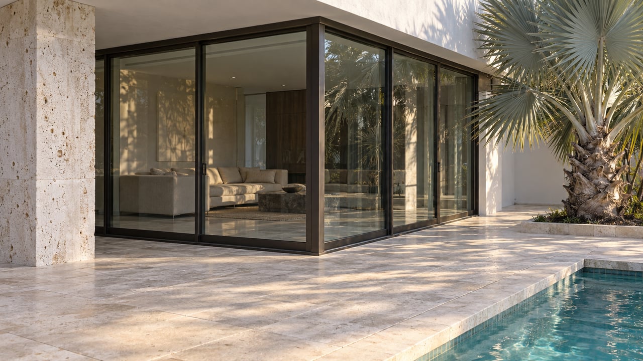 Glazed contemporary home opening visually onto a limestone terrace beside a blue-green pool and a silver fan palm.