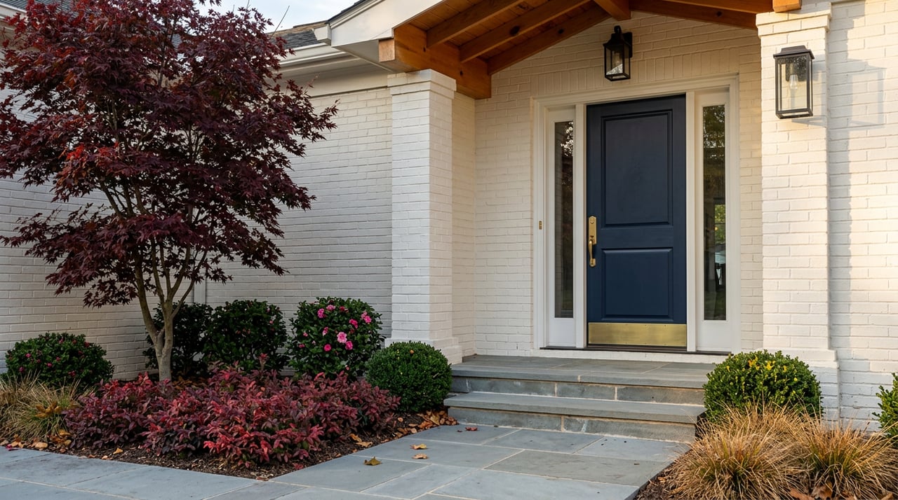 Navy front door framed by white brick, bluestone steps, and burgundy Japanese maple foliage.