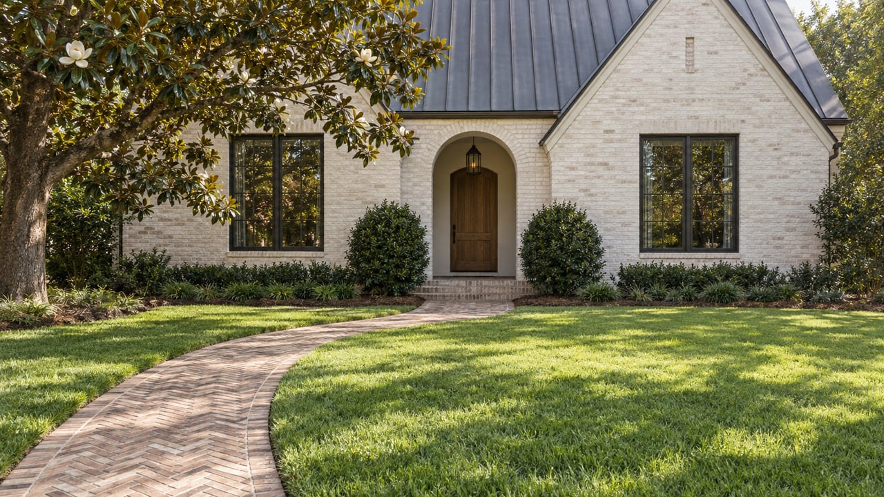Cream brick cottage with a dark standing-seam roof, arched timber entry, curving brick walk, and mature magnolia.