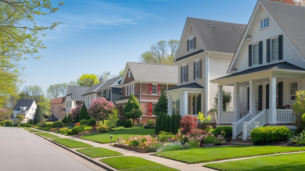 Row of detached suburban houses with porches, landscaped gardens, and a quiet street.