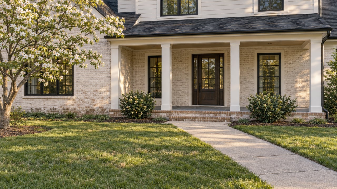 Warm-white and ivory-brick house with a deep porch, dark glass-paneled door, and concrete walk across a broad lawn.