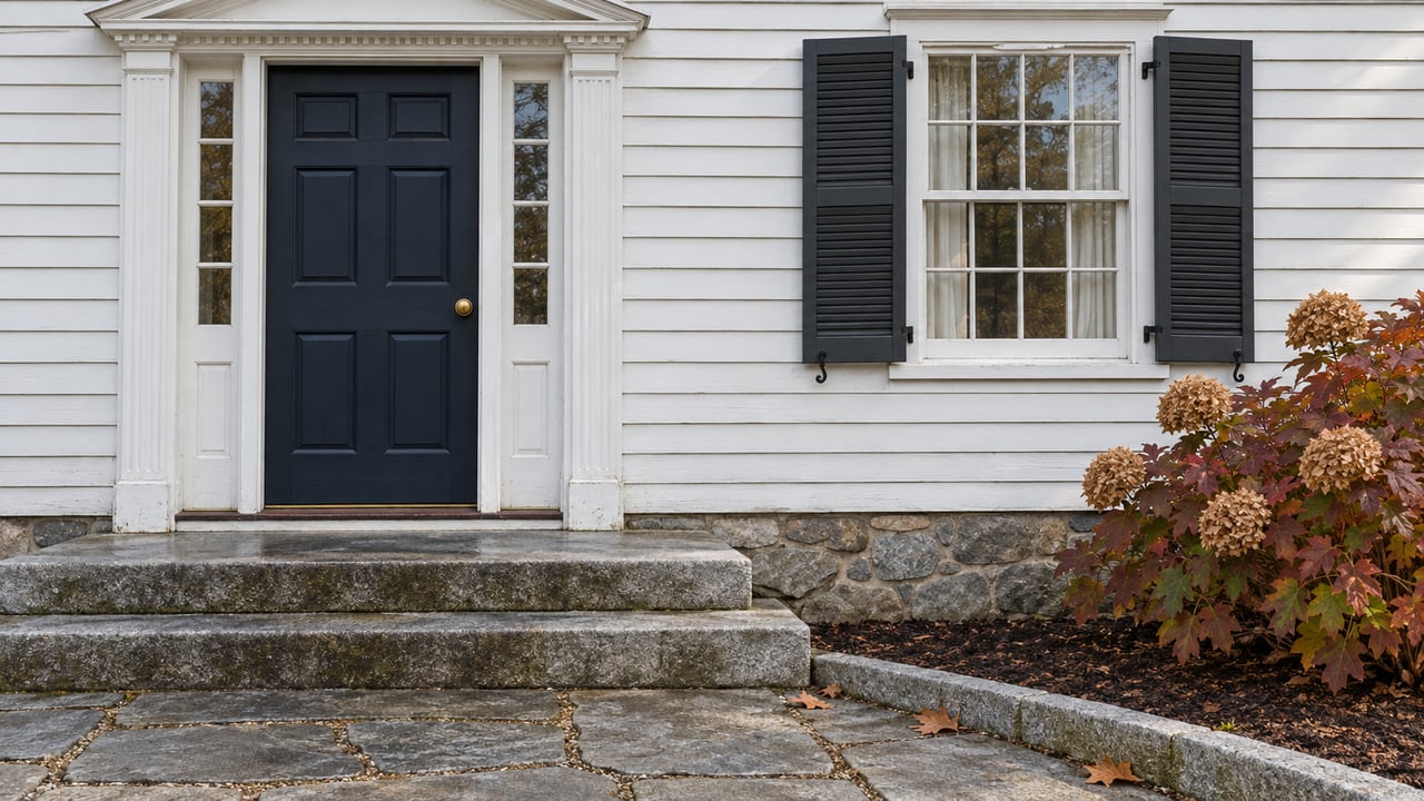 White clapboard home entrance with a navy door, paired dark window shutters, weathered granite steps, and bronze-leaved oakleaf hydrangea.