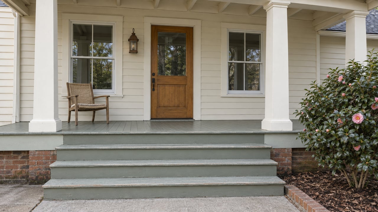 Ivory clapboard bungalow porch with sage-painted steps, a timber entry door, a cane chair and a camellia beside the approach.