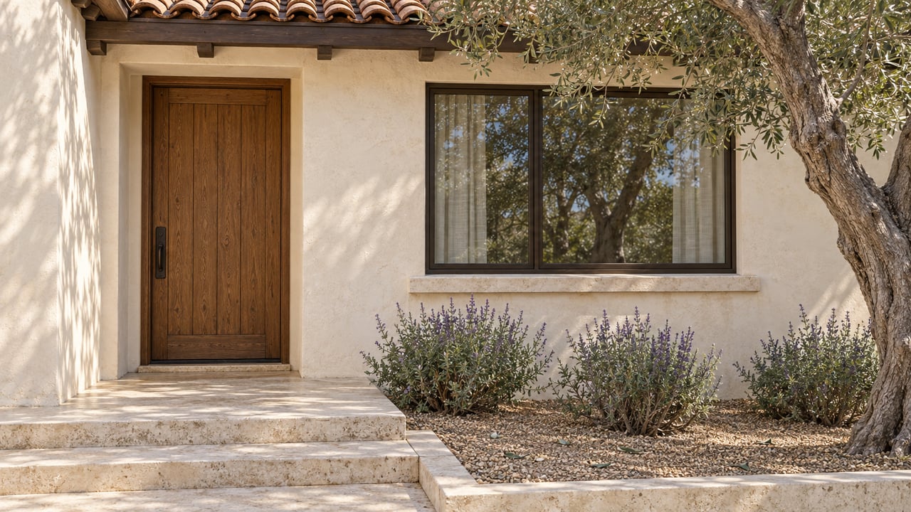 Sunlit stucco home entry with an oak door, limestone steps, bronze-framed window, and a mature olive tree.