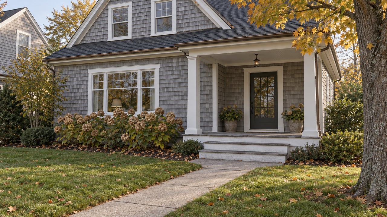 A silver-gray shingled home with white-trimmed windows, a covered porch and a front lawn beneath an autumn sugar maple.