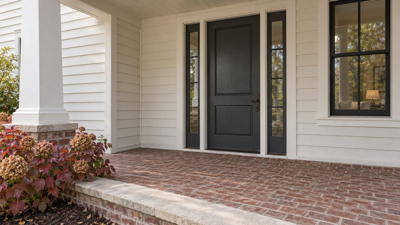 Covered entry with white siding, a charcoal door and paired sidelights above weathered brick paving beside autumn oakleaf hydrangeas.