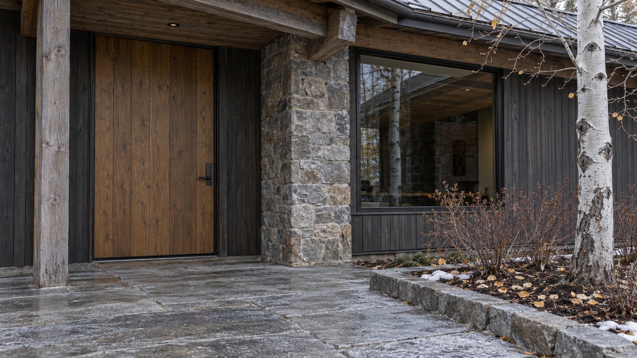 Timber-roofed entry with an oak door, large closed window, rough stone pier, damp stone paving and dormant planting.