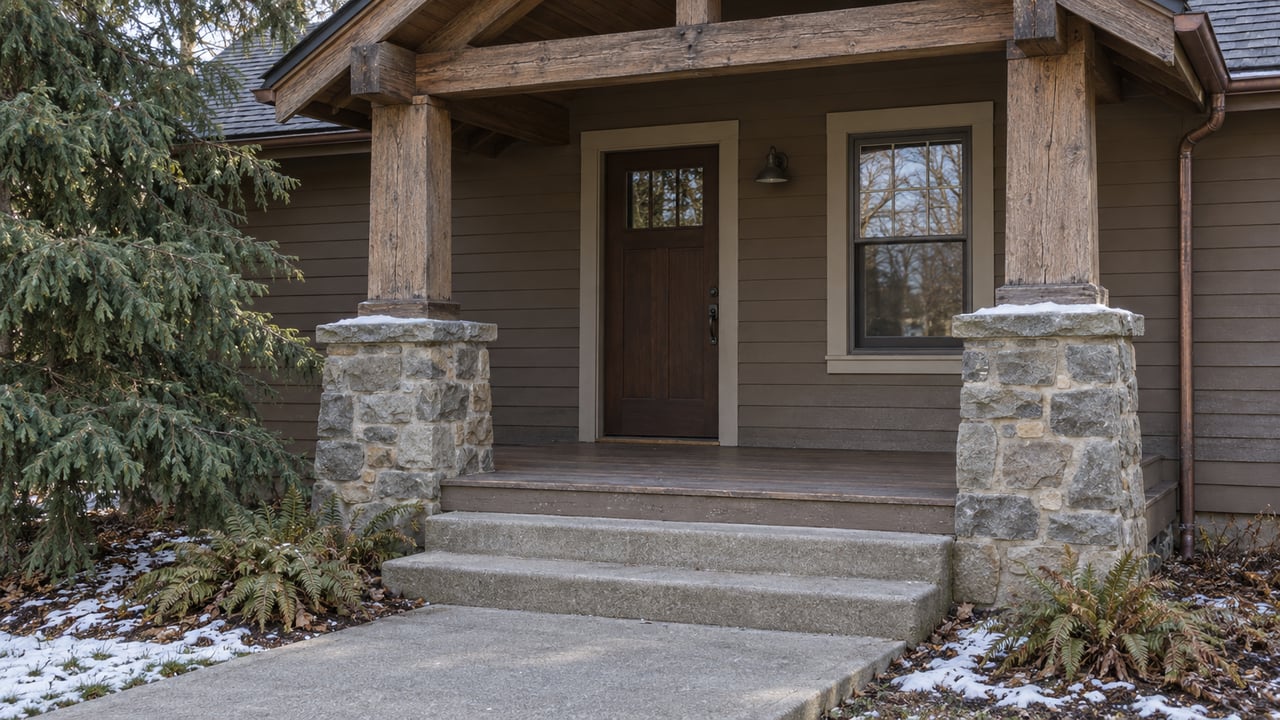 Weathered timber porch posts on sandstone piers frame a brown wooden front door above cleared concrete steps, with traces of snow at the planted edges.