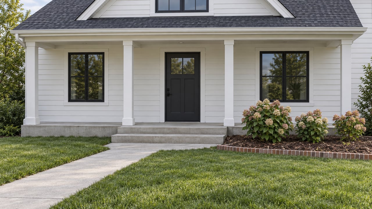 White lap-sided home with a charcoal gabled roof, black-framed windows and a covered entry approached across lawn and concrete beside flowering hydrangeas.